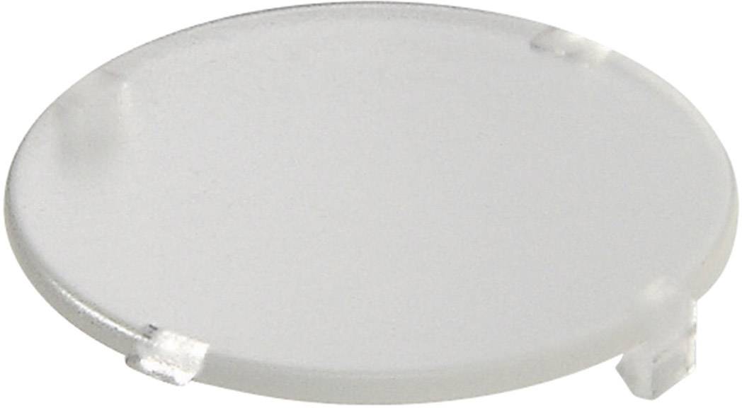 Eine transparente Kunststoffscheibe mit kleinen Befestigungsclips am Rand.