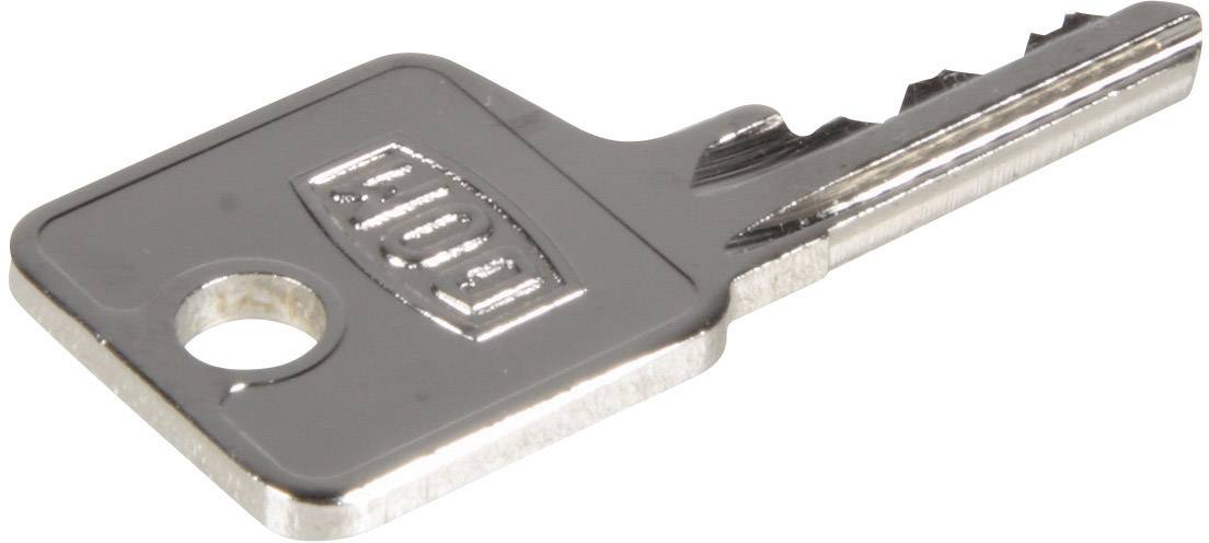 Silberfarbener Metallschlüssel mit rechteckigem Kopf und gezacktem Bart, liegt auf weißem Hintergrund.