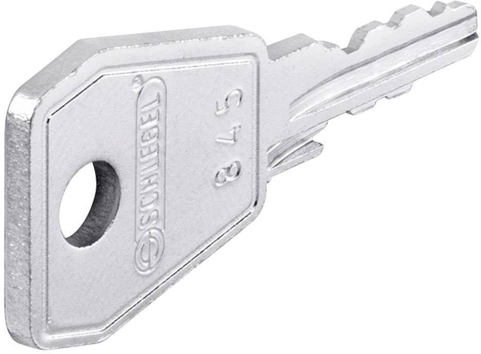 Ein silberner Metallschlüssel mit der Aufschrift 'SCHLÜSSEL' und Zahlen, ohne sichtbare Markierung.