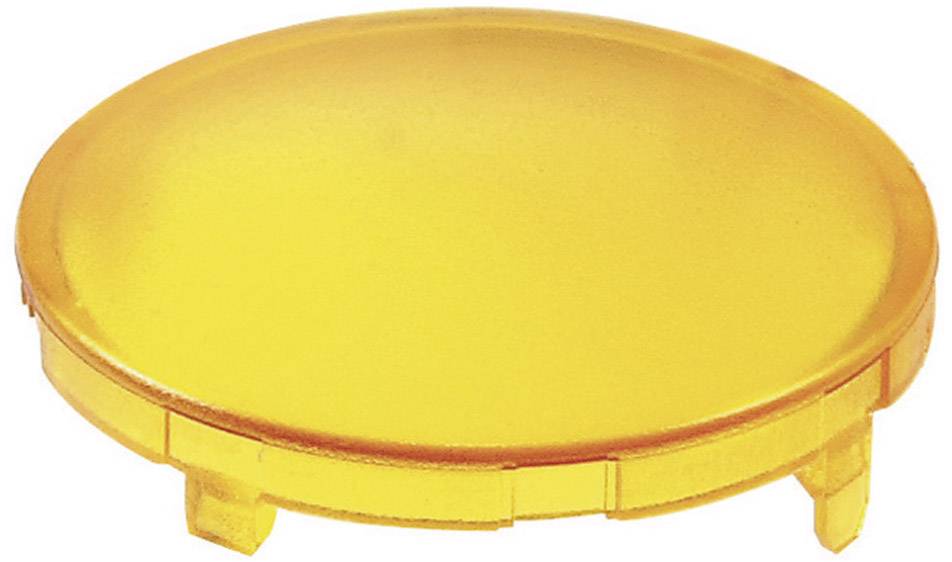 Ein runder, gelber Kunststoffknopf mit vier Befestigungsclips an der Unterseite, wahrscheinlich ein Ersatzteil für elektrische Geräte.
