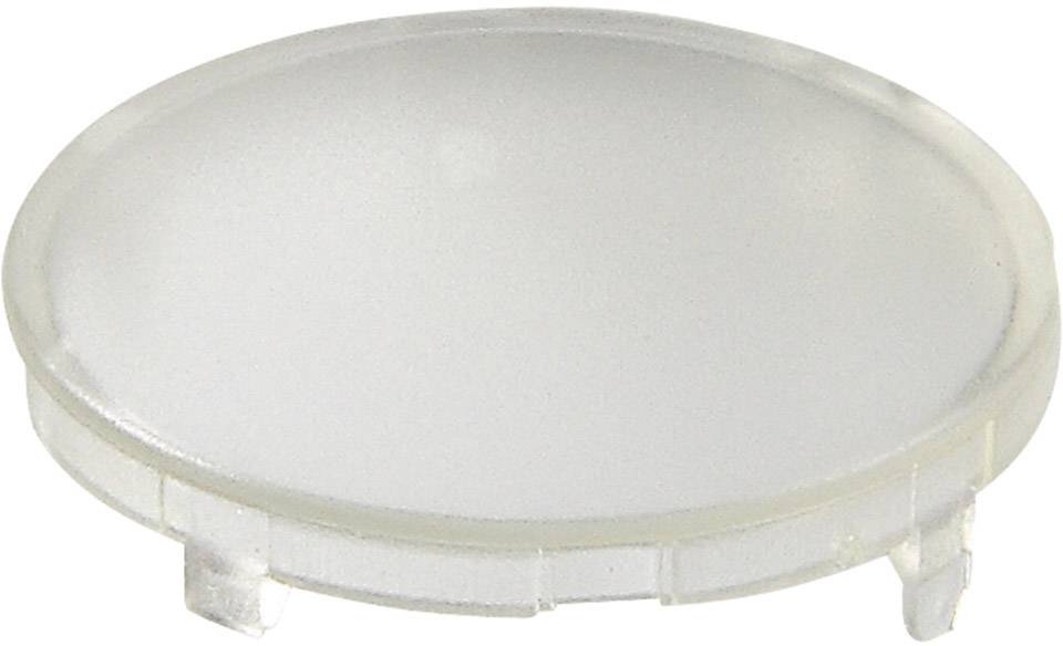 Eine klare konvex-geformte Linse aus Kunststoff liegt auf einer weißen Fläche.