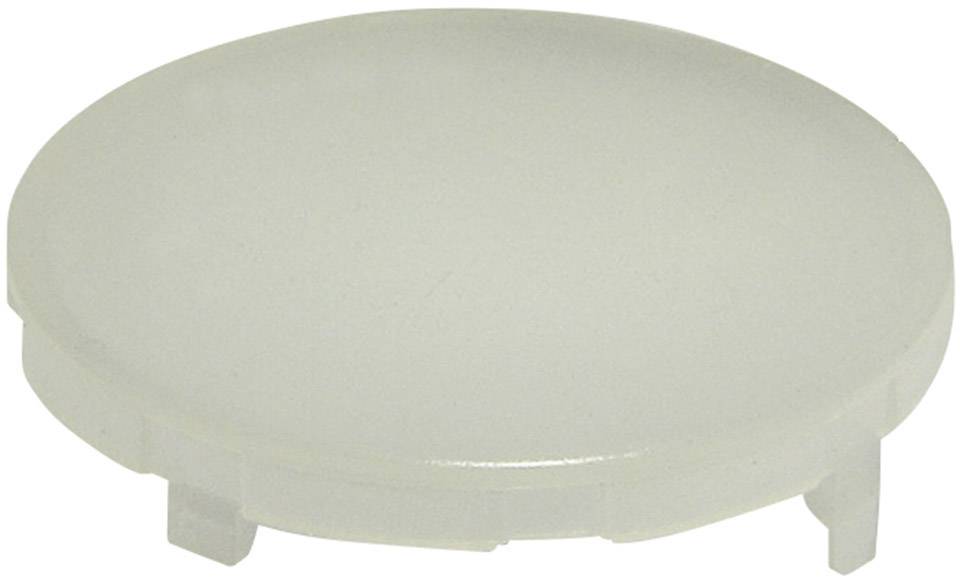 Kreisförmiger weißer Plastikdeckel mit kleinen Befestigungsnasen an der Unterseite, auf einer neutralen Hintergrundfläche.