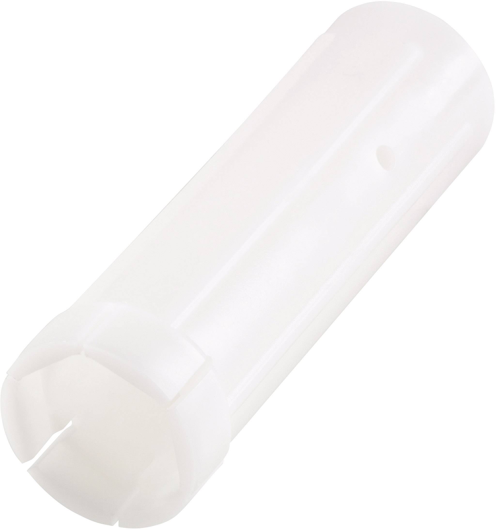 Ein weißer, zylindrischer Kunststoffdübel mit seitlichen Schlitzen und glatter Oberfläche, oft verwendet zur Befestigung in Wänden.