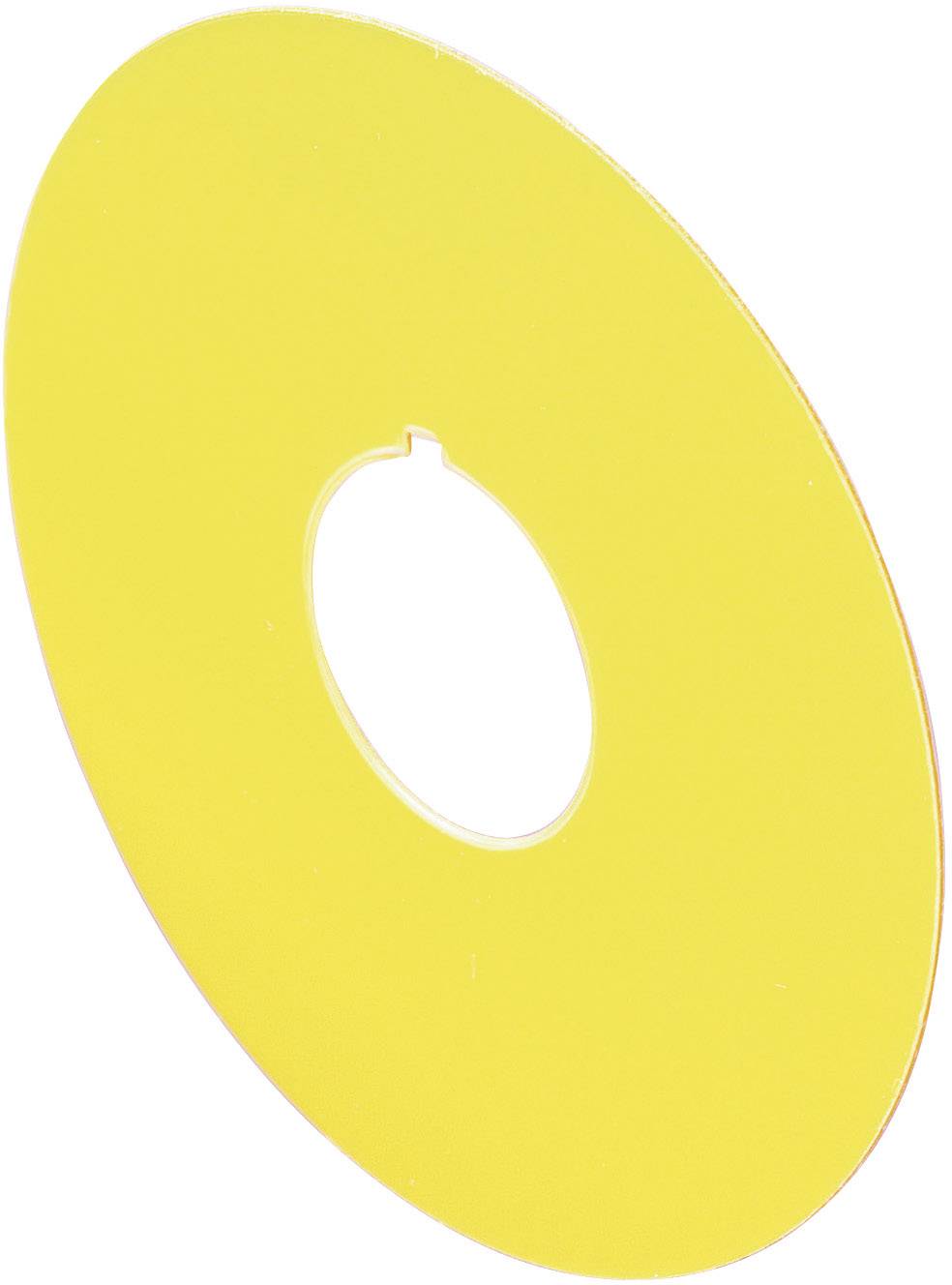 Ein gelber Discus mit mittigem Loch, aufrecht gezeigt.