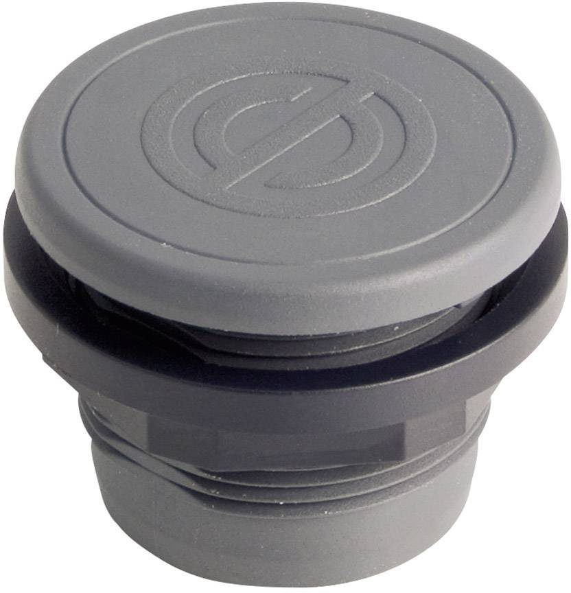 Ein grauer, zylindrischer Plastikverschluss mit einem eingestanzten, kreisförmigen Symbol auf der Oberseite.