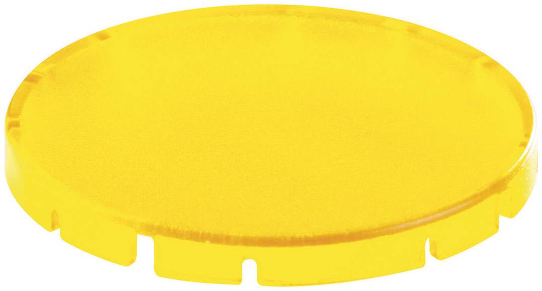 Ein runder, flacher, gelber Plastikdeckel mit kleinen Einkerbungen am Rand.