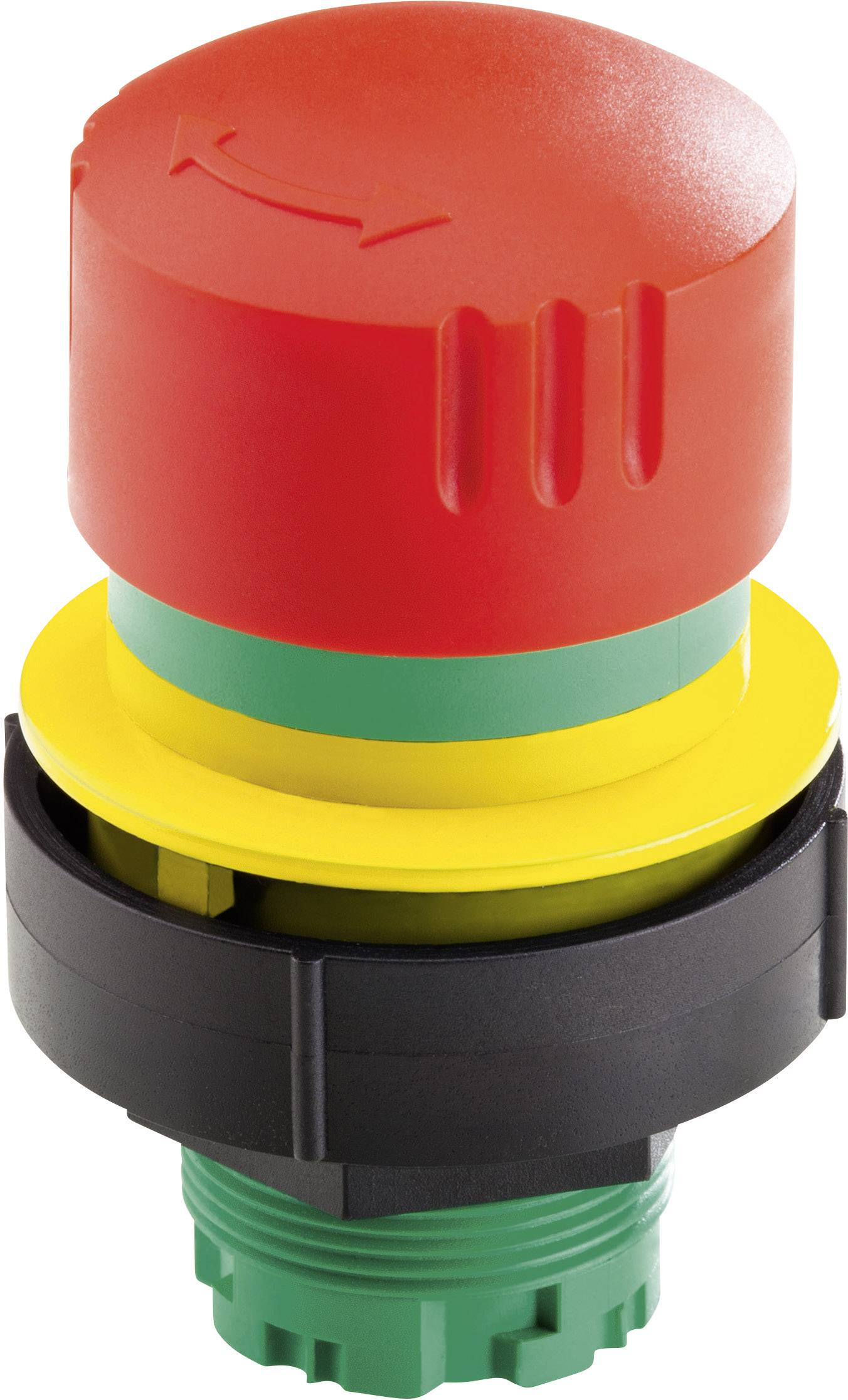 Ein roter Not-Aus-Knopf mit gelbem Sockel und schwarzem Befestigungsring, verwendet zur sofortigen Unterbrechung von Maschinenbetrieb.