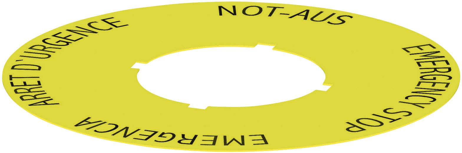 Gelber Not-Aus-Schalter mit mehrsprachiger Beschriftung 'Not-Aus', 'Emergency Stop', 'Arret d’Urgence', 'Emergencia'.
