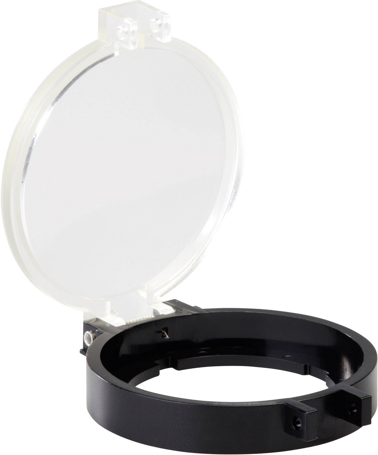 Ein transparenter, runder Kunststoffdeckel ist leicht geöffnet und an einem schwarzen, zylindrischen Gehäuse befestigt.