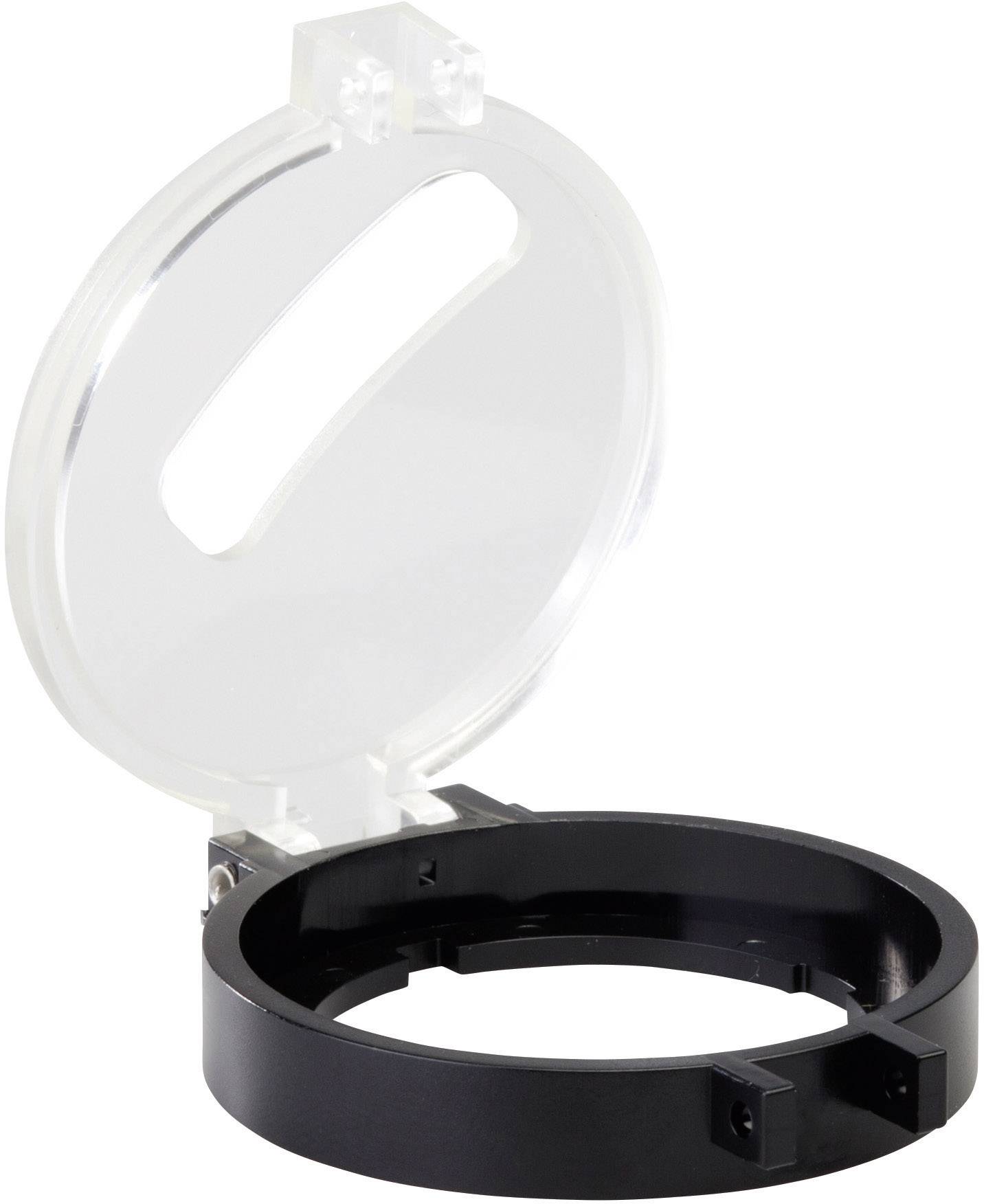 Ein transparenter Kunststoffdeckel, der auf einem schwarzen, kreisförmigen Halter montiert ist.