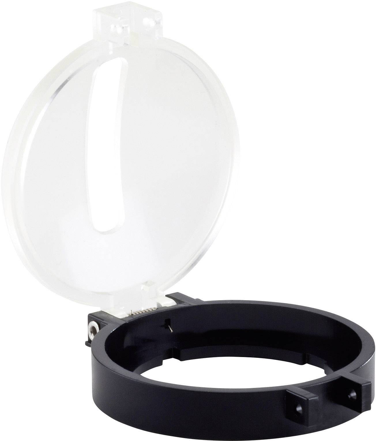 Ein geöffneter schwarzer Kunststoffring mit einem transparenten Deckel, möglicherweise ein Halter oder Gehäuse für ein Gerät oder Objekt.