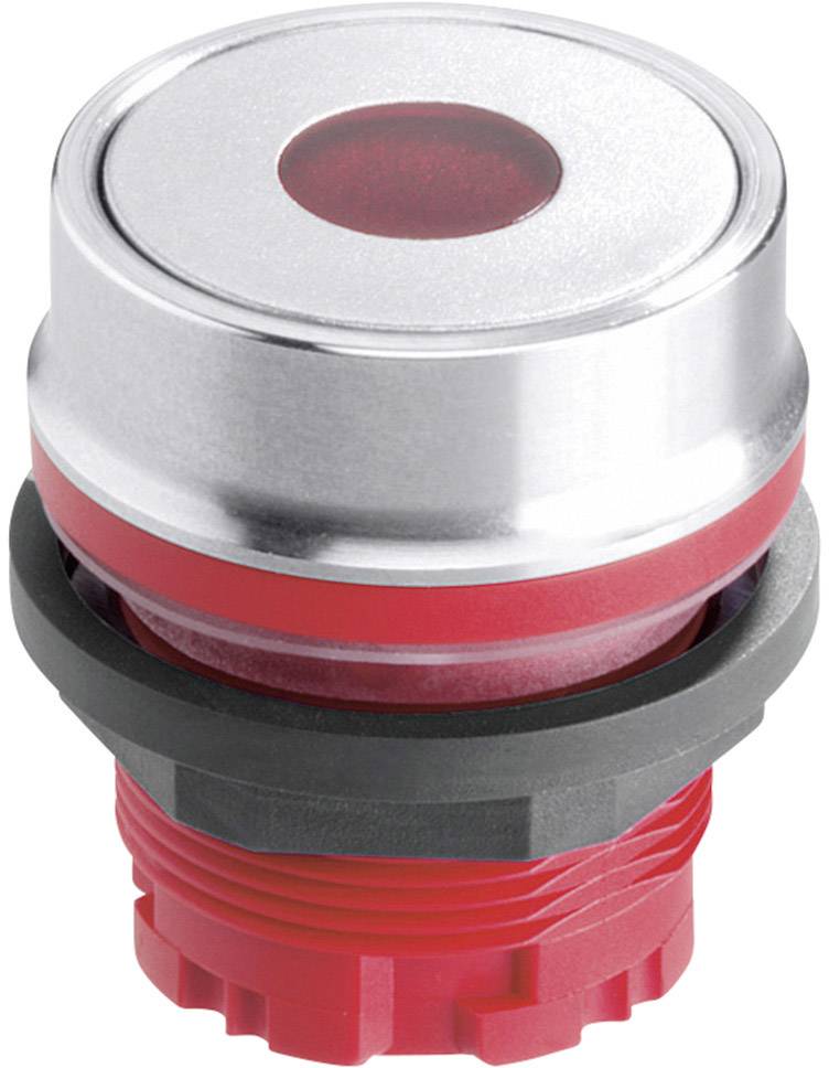 Roter und silberner runder Druckknopf, industrieller Stil, ohne Beschriftung oder zusätzliche Details erkennbar.