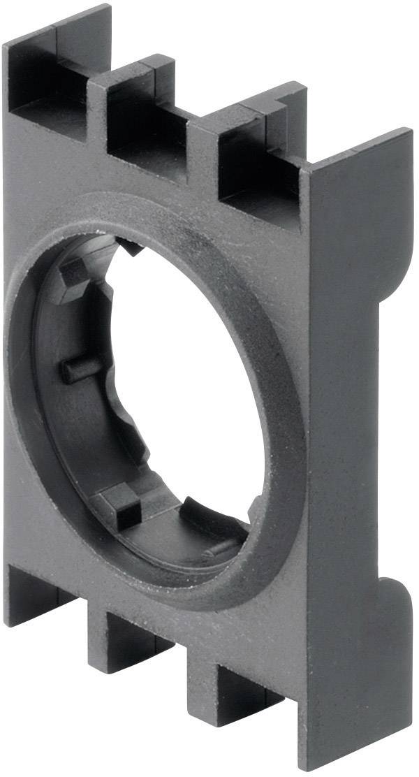 Eine schwarz-graue, rechteckige Kunststoffhalterung mit rundem, zentralem Ausschnitt. Sie dient zur Befestigung technischer Komponenten.