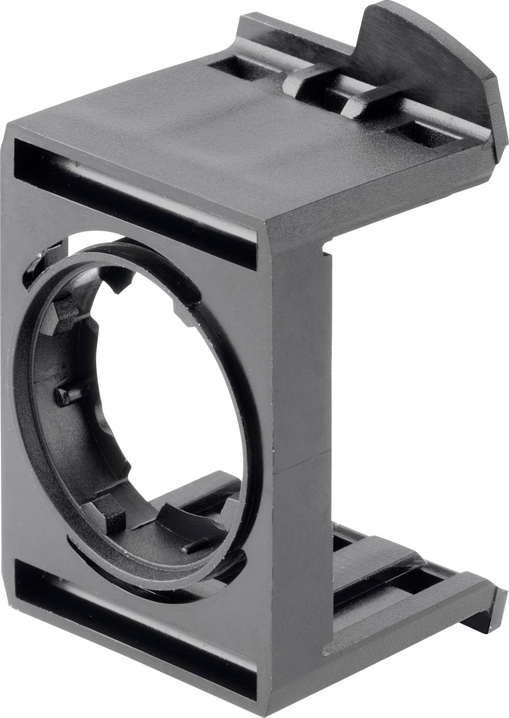 Schwarze Kunststoffhalterung, quadratische Form, mit rundem zentralem Ausschnitt und Schlitzen zur Befestigung oder Montage.