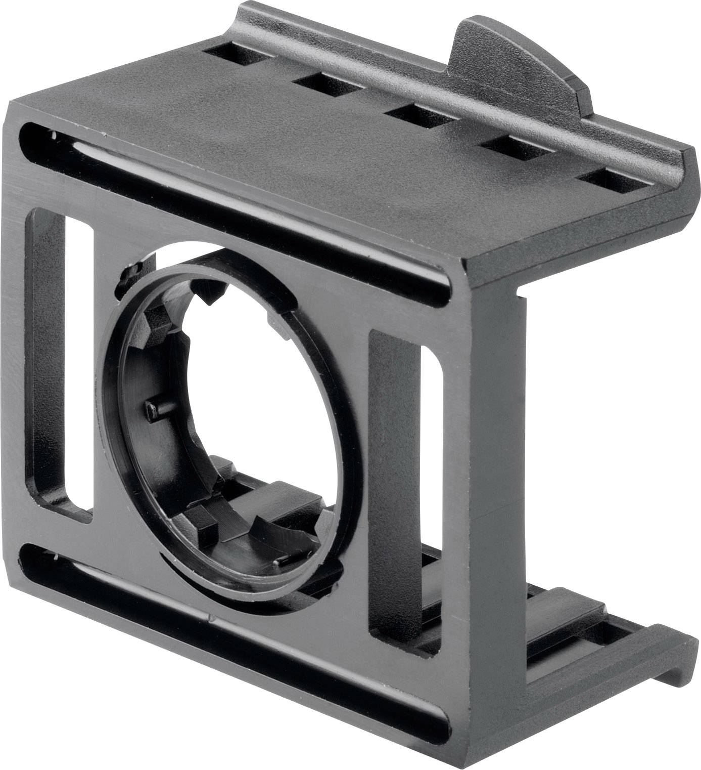 Schwarzer Kunststoffhalter für Kabel, rechteckige Form mit rundem Mittelteil zur Befestigung von Kabeln oder Leitungen.
