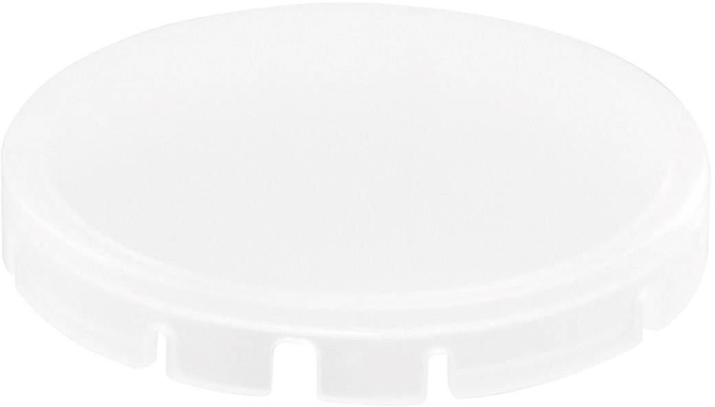 Ein weißer, rundlicher Plastikdeckel mit geriffeltem Rand.