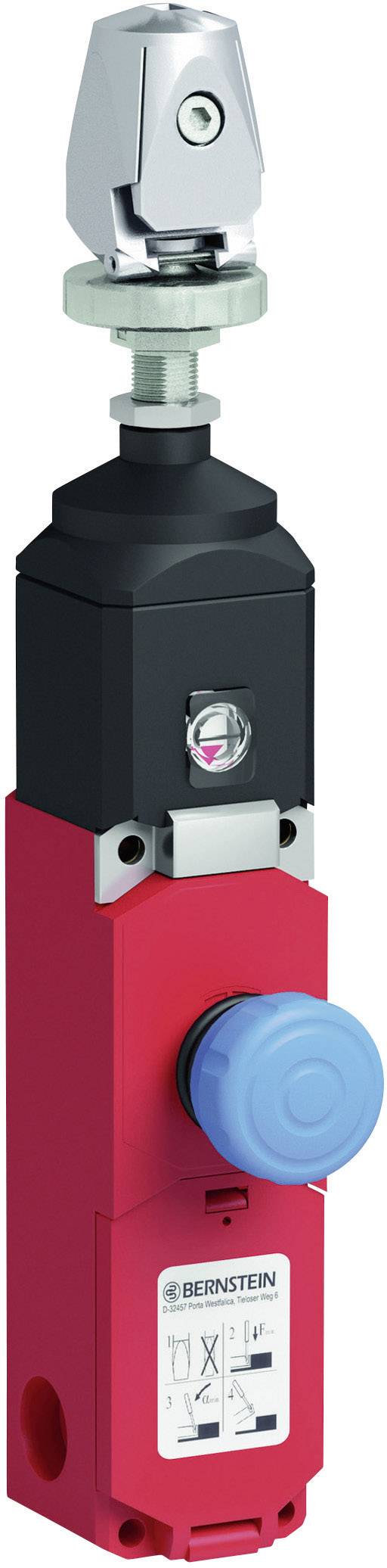 Ein roter Sicherheitsendschalter von BERNSTEIN mit blauem Knopf und silberner Öse oben. Eignet sich für industrielle Anwendungen.
