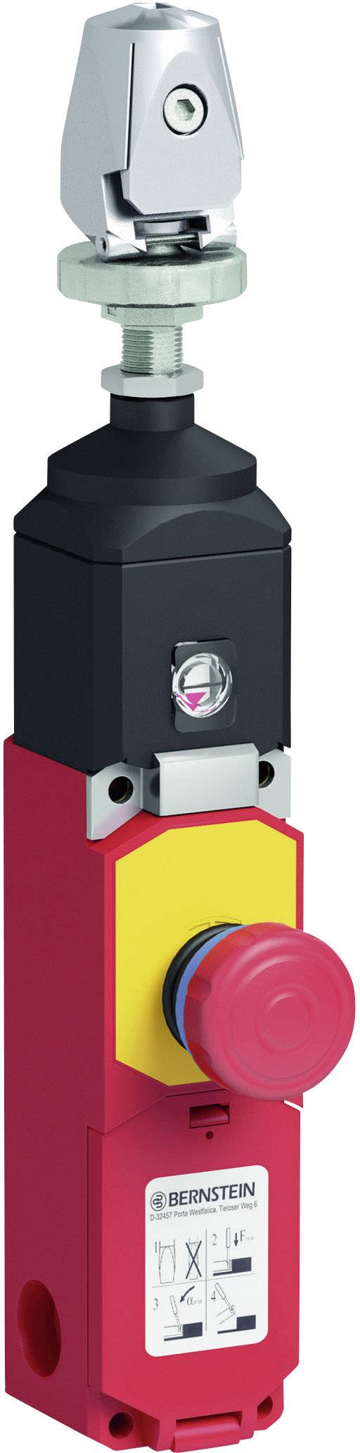 Industrieschalter mit rotem Not-Aus-Knopf und gelber Fläche, darüber schwarzes Gehäuse mit Metallarm zur Befestigung.