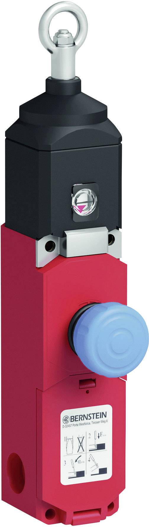 Sicherheitsschalter in Rot und Schwarz, mit blauem Knopf und Unternehmenslogo. Zur Maschinenüberwachung in industriellen Anwendungen.