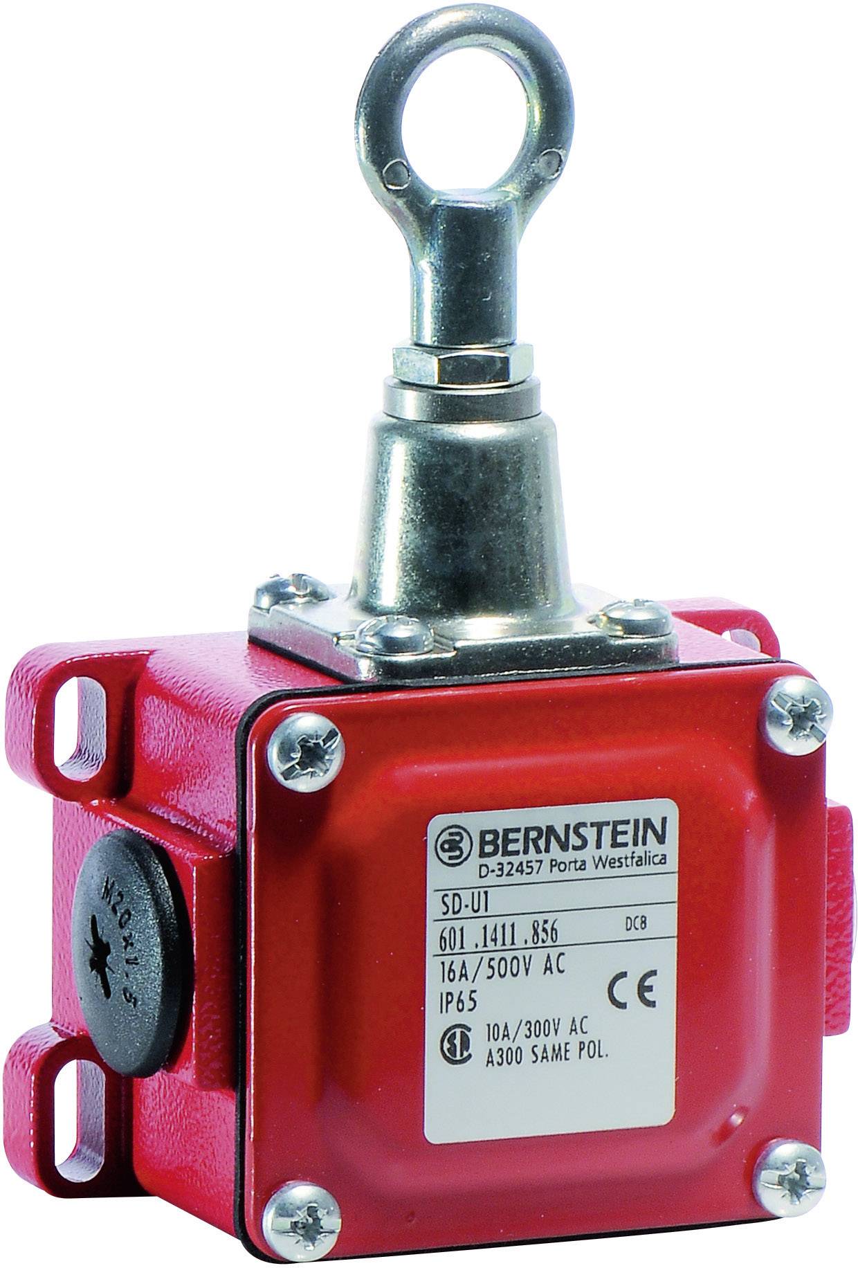 Roter Sicherheitsendschalter mit Schwenkhebel. Markierung 'BERNSTEIN', Nennwerte: 16A/500V AC, Schutzart IP65, Modellnummer SD-U1.