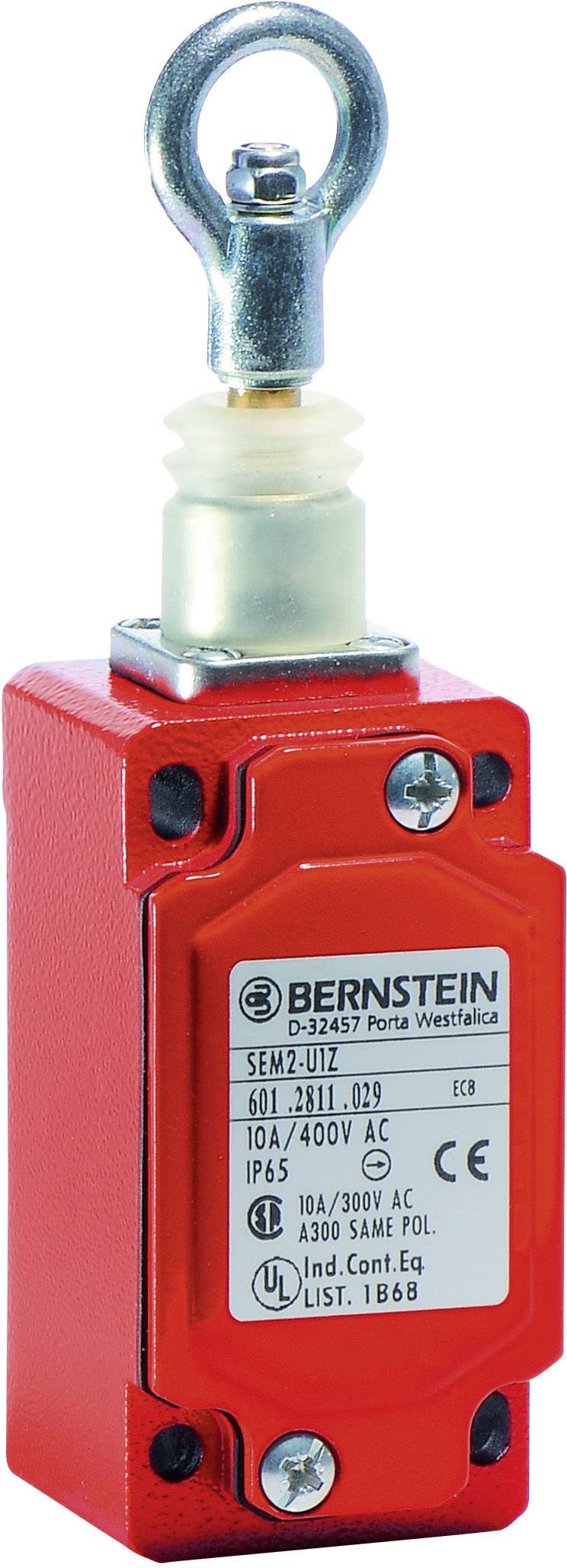 Roter Limit-Schalter von BERNSTEIN mit Metallhebel oben. Technische Spezifikationen auf der Vorderseite.