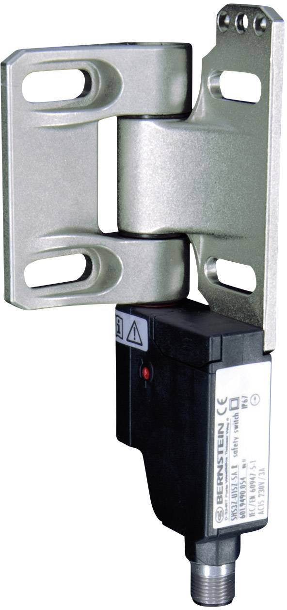 Ein Metallscharnier mit integriertem elektrischen Schalter, oft in industriellen Anwendungen verwendet, in Seitenansicht dargestellt.