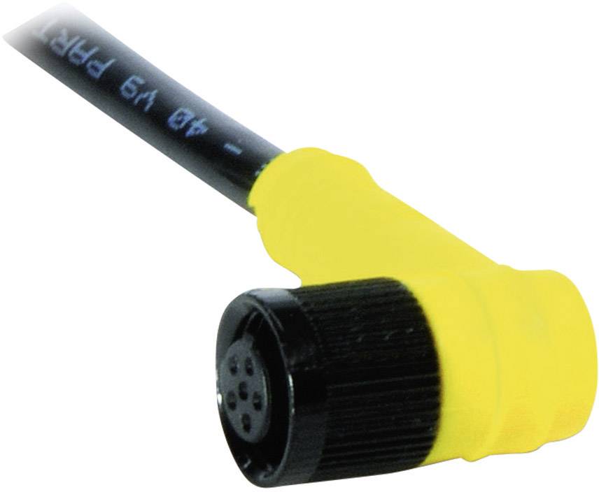 Gelbes, abgewinkeltes Kabel mit schwarzem Steckverbinder, zeigt einen fünfpoligen Anschluss, typischerweise für Industrieanwendungen.