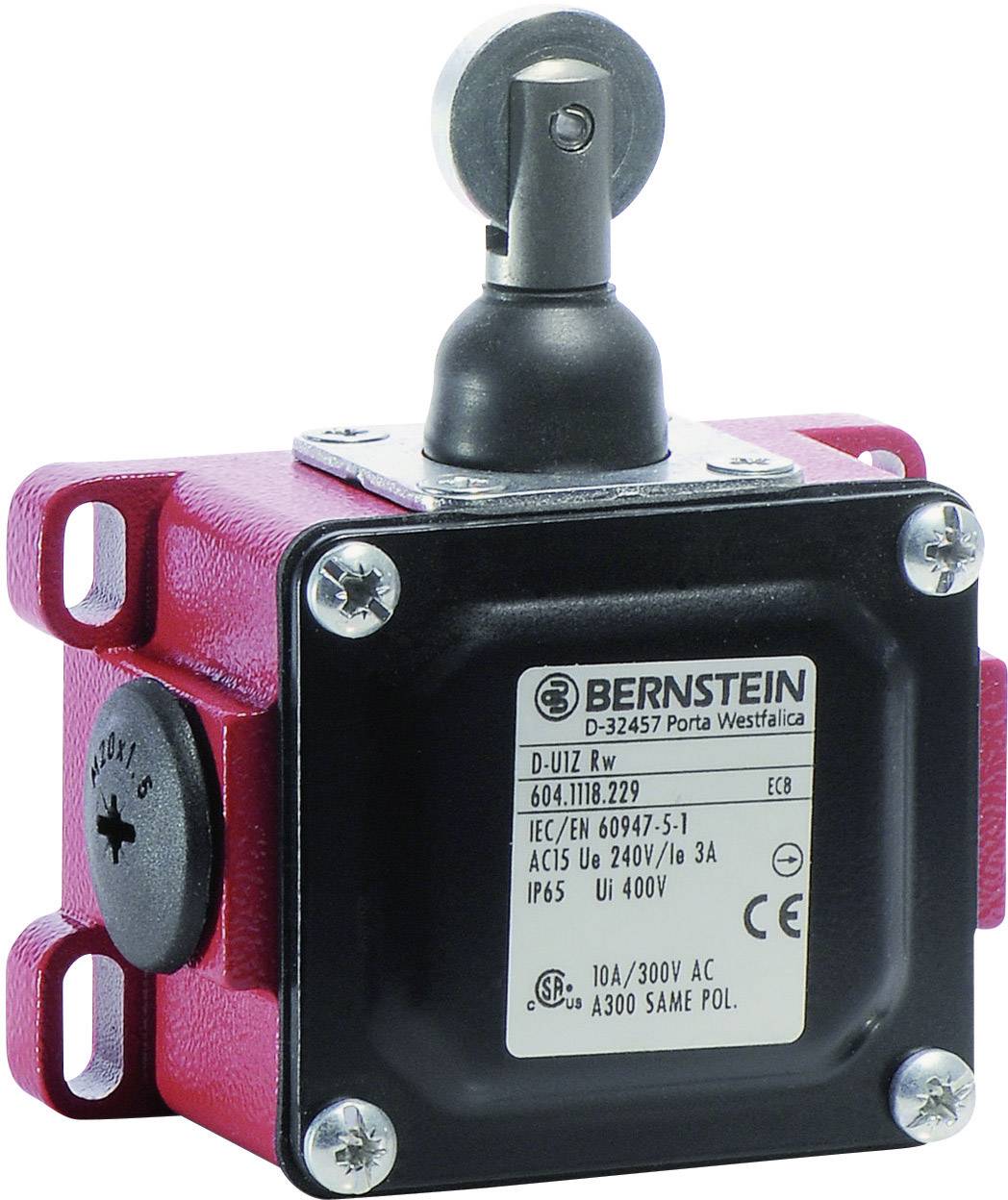 Roter Elektronikschalter mit schwarzem Gehäuse, Metallhebel und Label von Bernstein mit technischen Spezifikationen und Sicherheitsstandards.