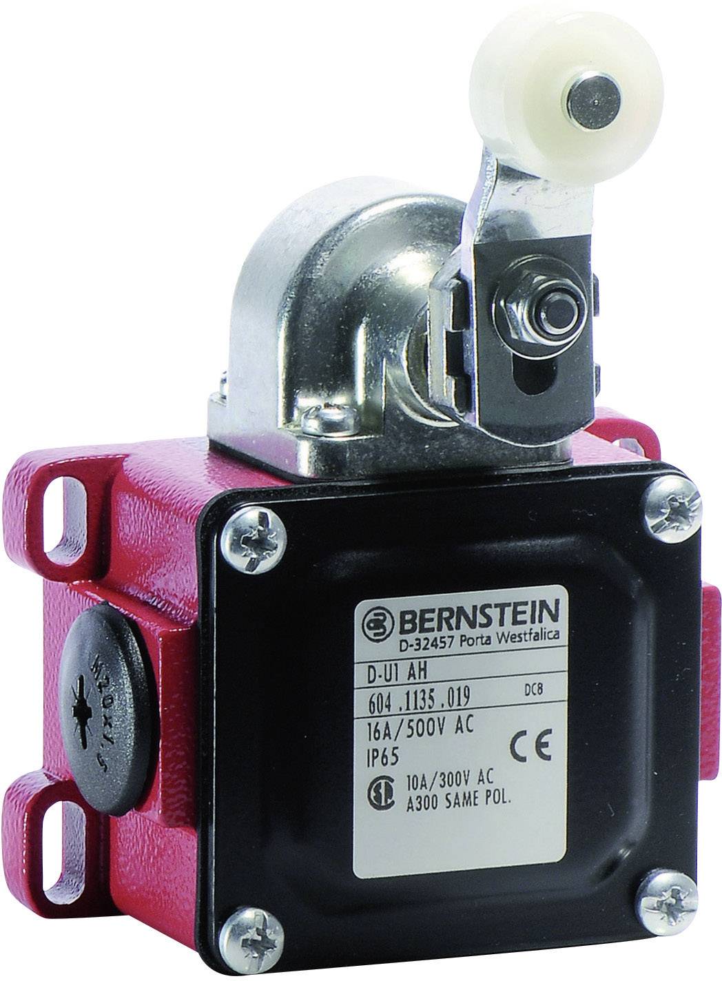 Ein roter Endschalter mit Rollenhebel von Bernstein. Der Schalter ist für 16A/500V AC ausgelegt und hat die Schutzart IP65.