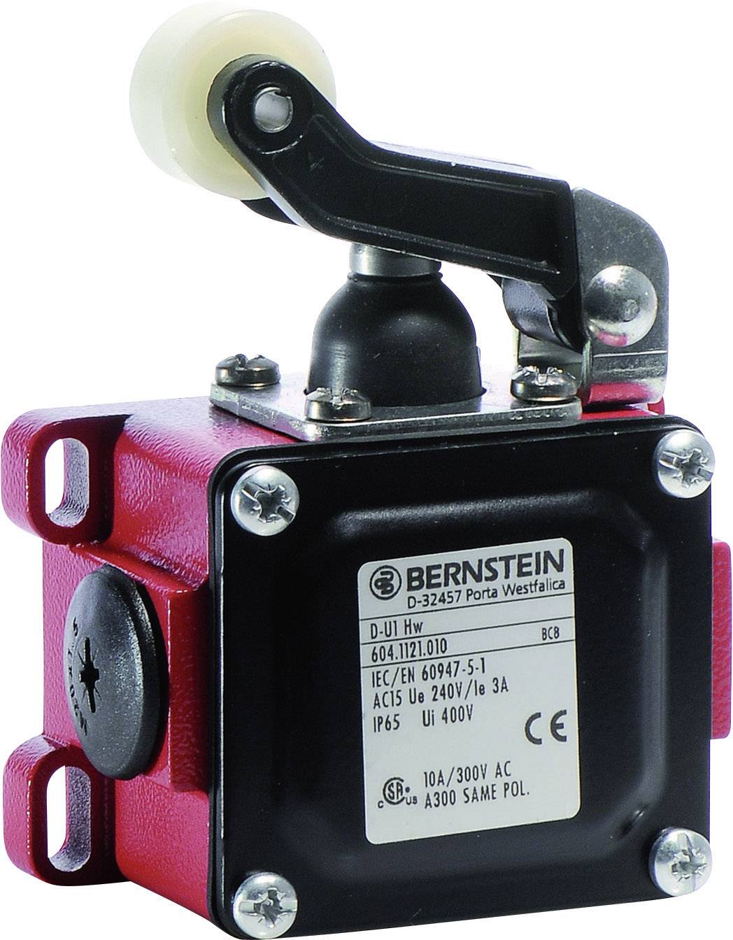 Rotes Sicherheitsendschaltergehäuse mit schwarzem Gehäuse, montiertem Hebelarm und weißem Rad, zur Steuerung elektrischer Geräte.