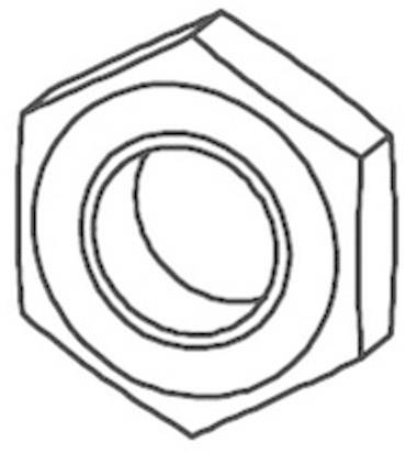 Eine Sechskantmutter, perspektivisch gezeichnet. Sie ist sechseckig mit einem Gewindeloch in der Mitte.