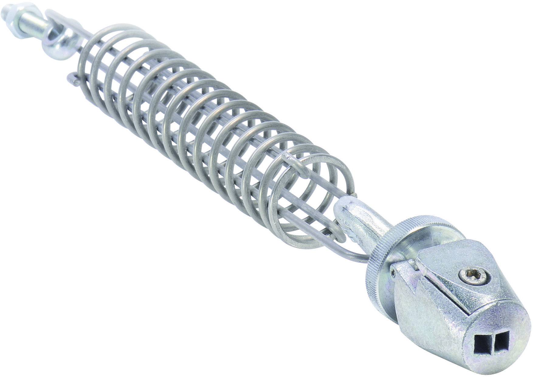 Metallspiralfeder mit einstellbarem Mechanismus und quadratischer Basis, vermutlich ein Bestandteil eines Werkzeugs oder Geräts.
