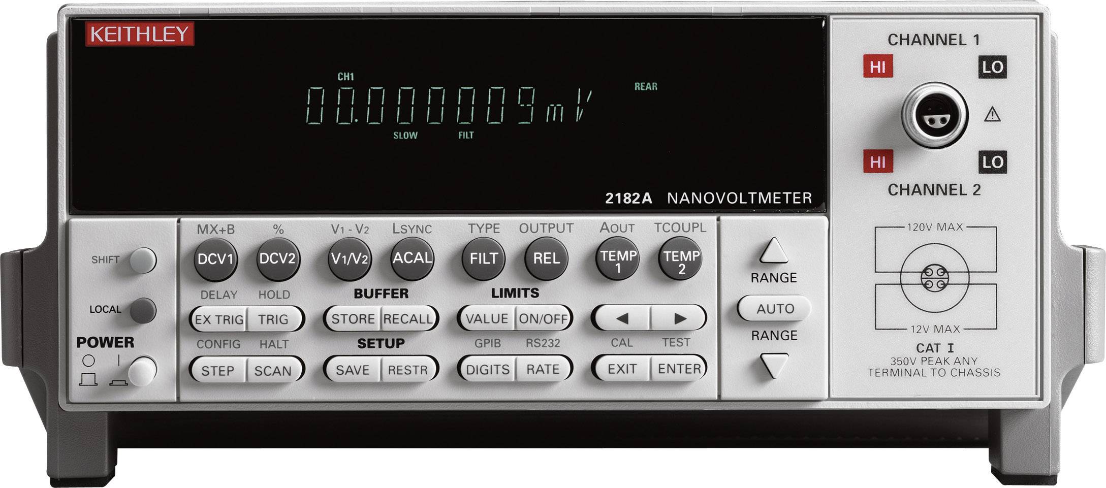 Ein digitales Nanovoltmeter mit Anzeige und Bedienelementen. Es zeigt eine Spannung von 0,0000009 mV. Kanäle und Messeinstellungen sind sichtbar.
