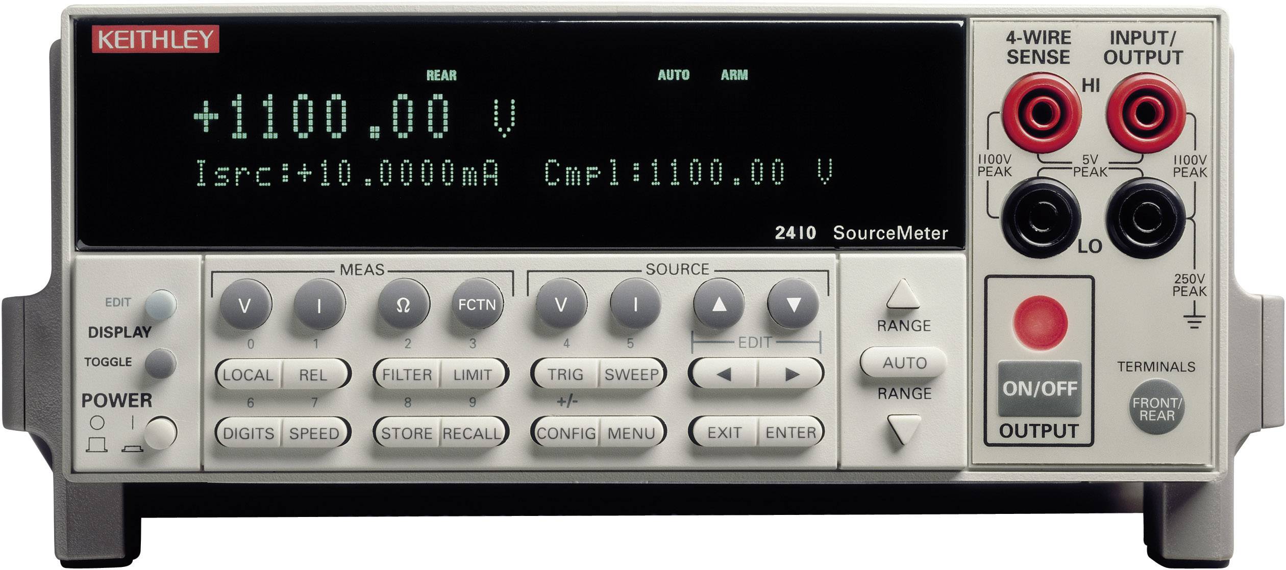 Messgerät Modell 2410 von Keithley mit digitalem Display, zeigt Messungen in Volt und Milliampere. Tasten zur Steuerung und Eingabe.