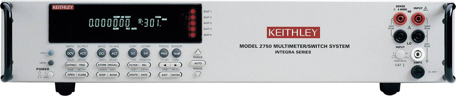 Ein digitales Multimeter der Marke Keithley, Modell 2750, mit verschiedenen Tasten und Anschlüssen auf der Vorderseite.