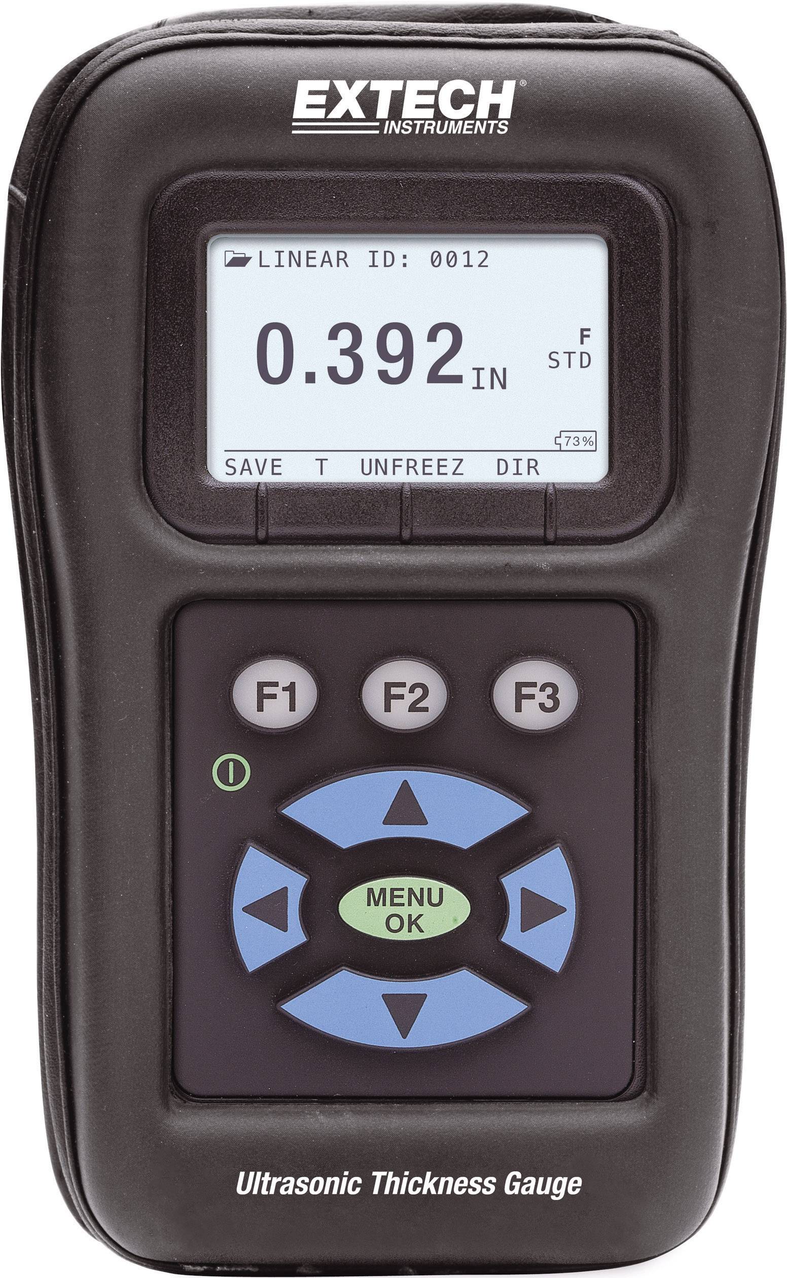 Ein digitales Gerät zur Messung der Materialdicke mit einem Display, das '0.392 IN' anzeigt. Drei Funktionstasten und Navigationsknöpfe darunter.