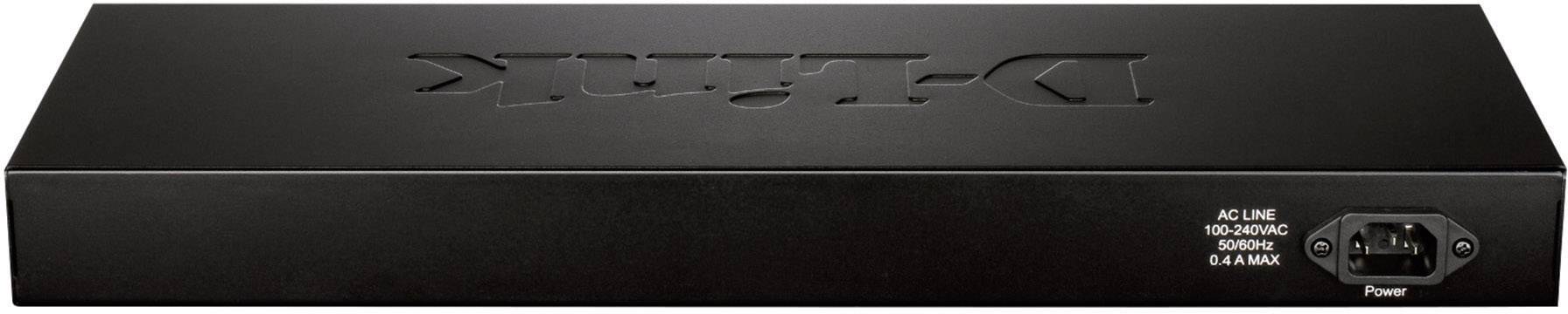 Ein schwarzes D-Link Netzwerkswitchgerät, Rückansicht mit Stromanschluss, geeignet für 100-240V Wechselspannung.