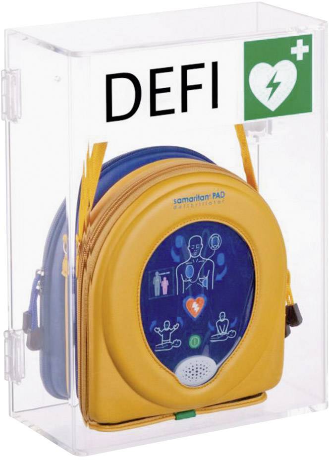 Ein Defibrillator in einer durchsichtigen Box mit der Aufschrift 'DEFI'. Geräteillustrationen zur Anleitung bei medizinischen Notfällen.