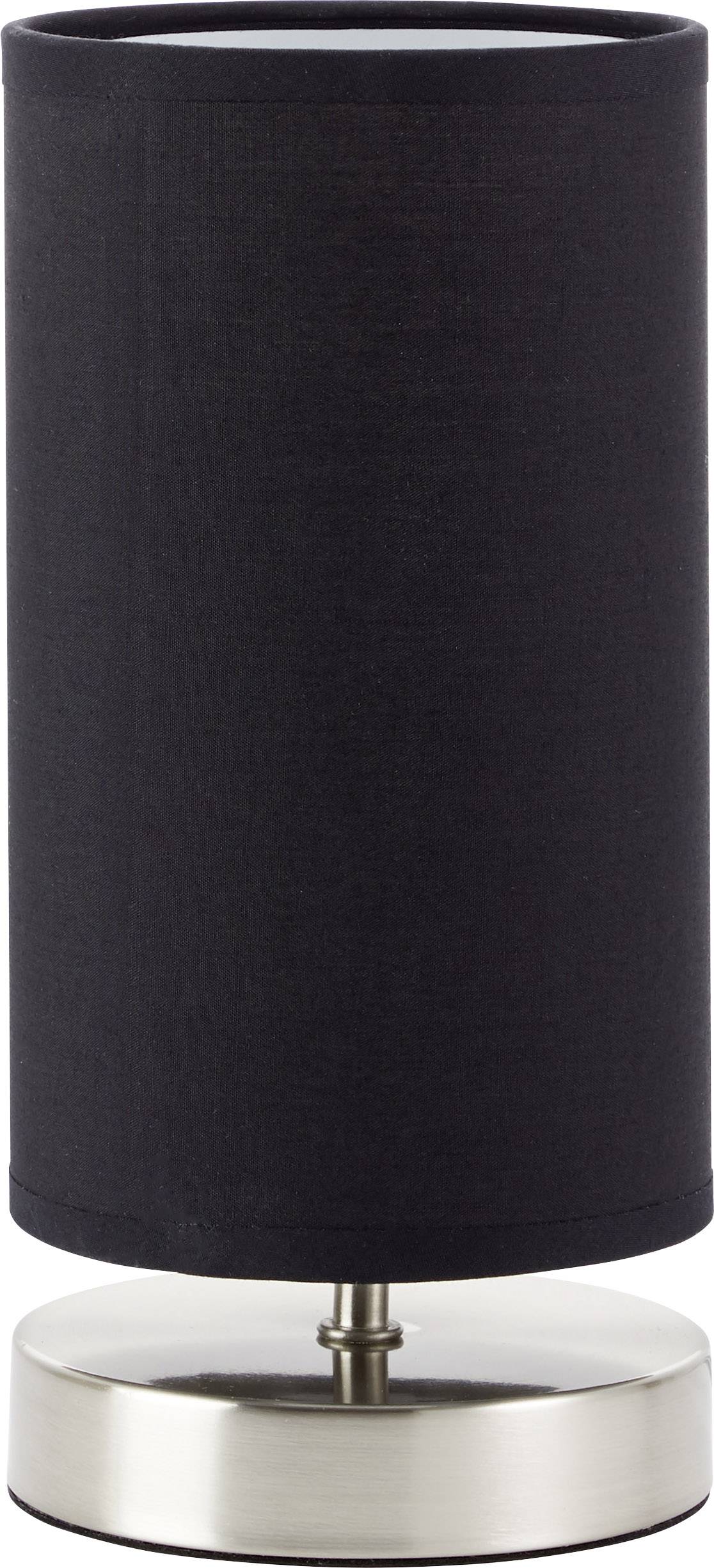 Schwarze Tischlampe mit zylindrischem Schirm und silbernem Sockel, geeignet für moderne Inneneinrichtungen.