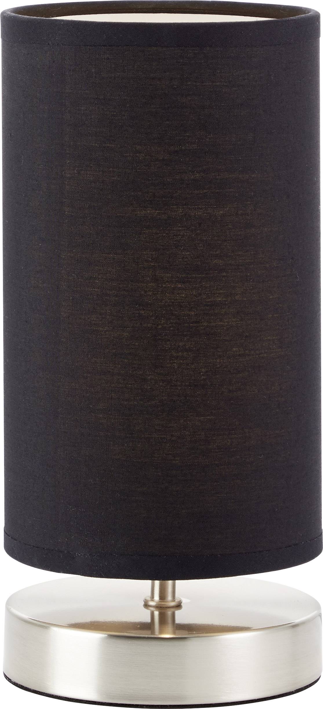 Schwarze Tischlampe mit zylindrischem Stoffschirm und flacher, runder Metallbasis, geeignet für modernes Raumdesign.