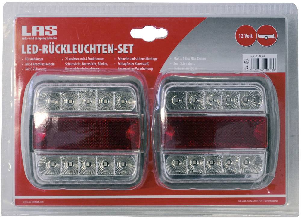 LAS Anhänger-Rückleuchte Blinker, Bremslicht, Rückleuchte, Kennzeichenleuchte links, rechts 12 V Rot, Silber