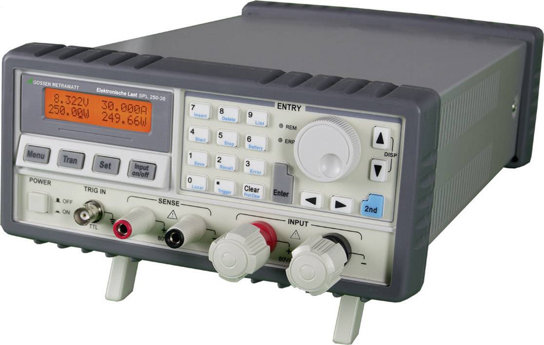 Elektronisches Lastgerät mit Displayanzeige, Tastenfeld und Anschlüssen. Zeigt Messungen von Spannung, Strom und Leistung.