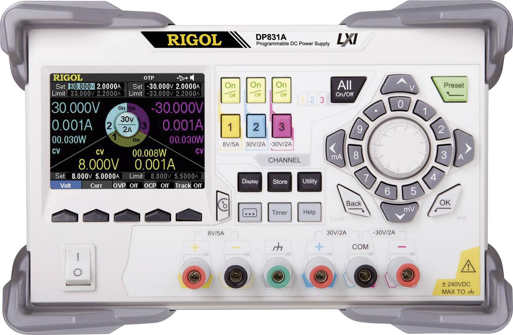 Programmierbares DC-Netzteil mit Display. Zeigt Spannung und Strom, verschiedene Einstellungen und Tasten zur Steuerung an. Markenname: RIGOL.