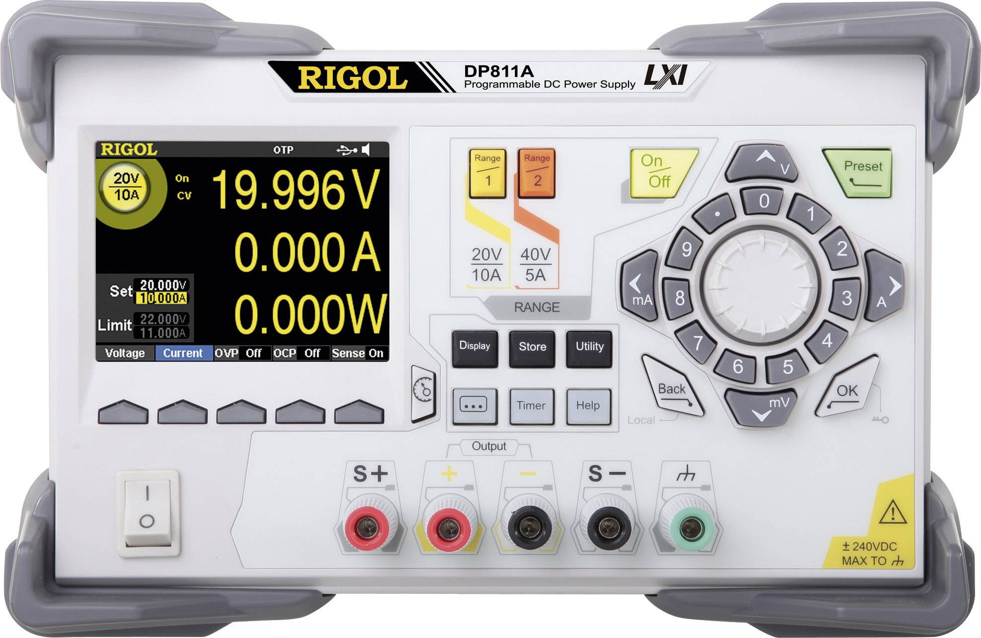 Elektronisches Messgerät mit digitalem Display zeigt '19,996 V', '0,000 A', und '0,000 W'. Enthält Bedienelemente und Anschlussklemmen.