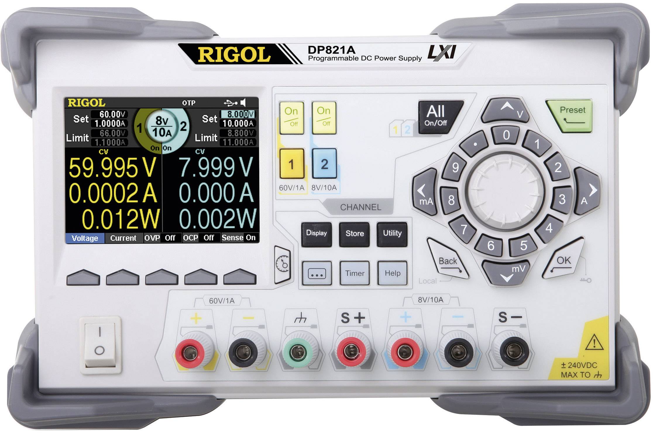 Ein digitales Labornetzgerät zeigt auf dem Display Spannung von 59,995V und Stromstärke von 0,000A an. Verschiedene Bedienknöpfe sind sichtbar.