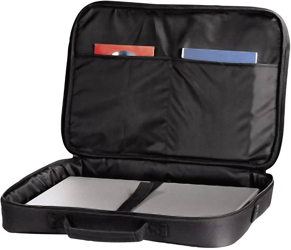 Offene schwarze Laptop-Tasche mit Laptop und zwei zusätzlichen Fächern an der Innenseite, die Dokumente enthalten.