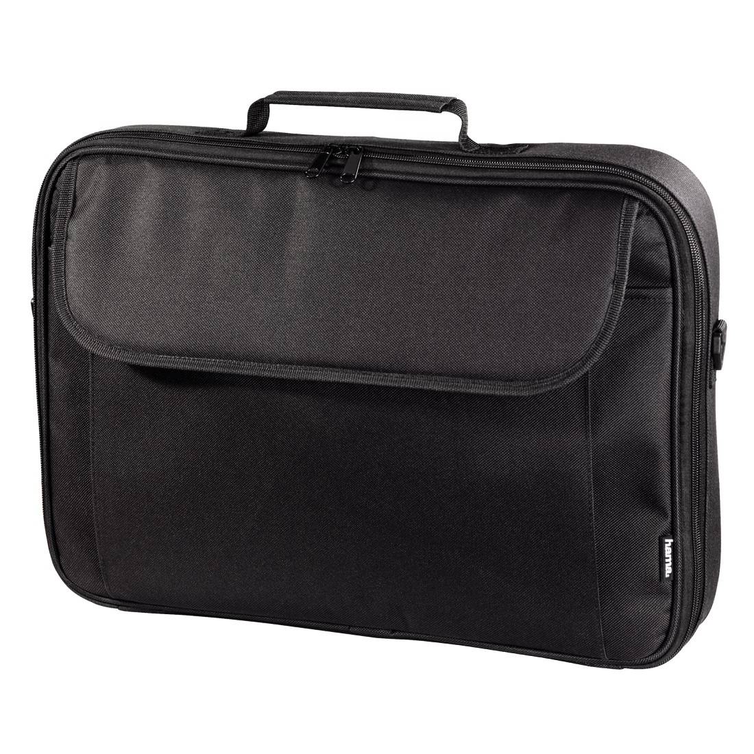 Eine schwarze Laptop-Tasche mit einem Tragegriff und einem Reißverschlussfach vorne. Ideal für den sicheren Transport von Laptops.