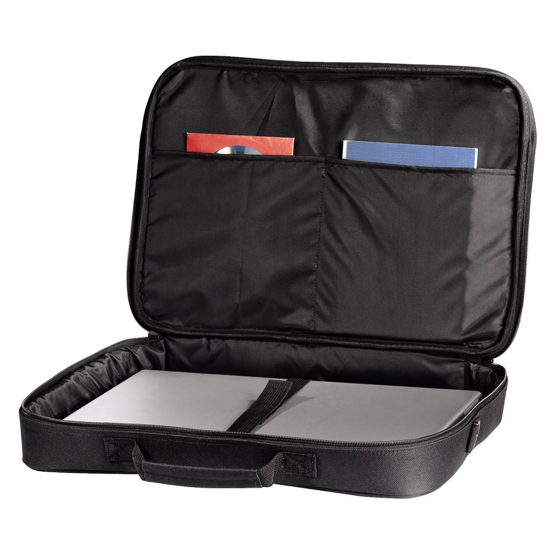 Offene schwarze Tasche mit darin liegendem Laptop und zwei Dokumentenfächern, die rote und blaue Papierdokumente enthalten.
