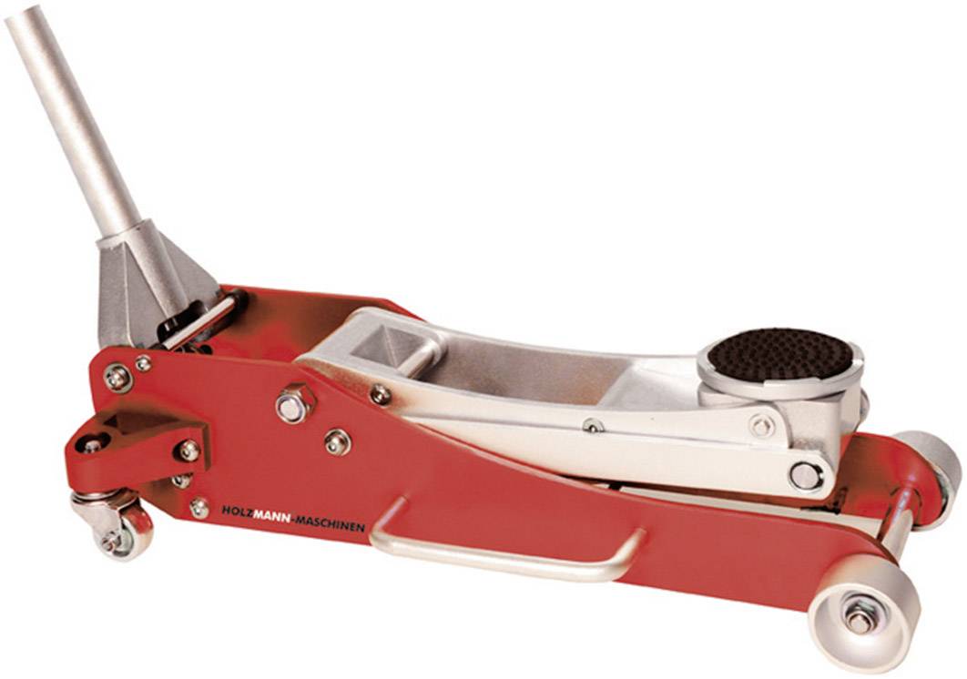 Roter hydraulischer Wagenheber auf Rädern. Hauptsächlich aus Metall, mit einem Hebel zum Anheben von Fahrzeugen.