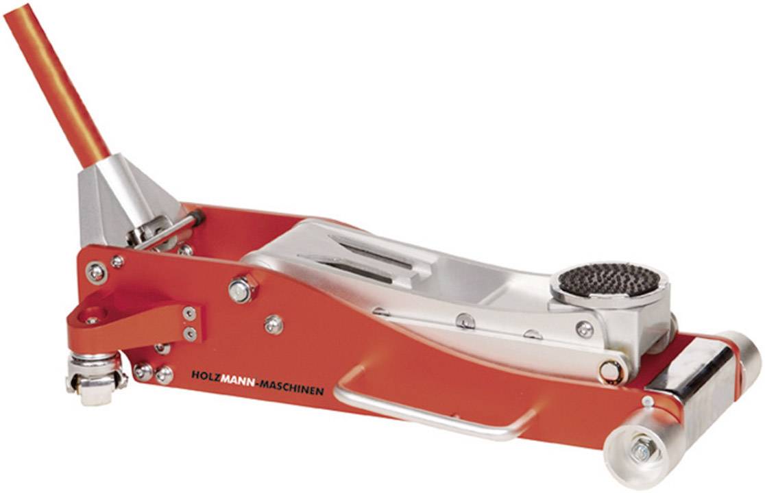 Roter hydraulischer Wagenheber von Holzmann-Maschinen, geeignet zum Anheben von Fahrzeugen, mit silberfarbenem Hebel und schwarzer Auflagefläche.